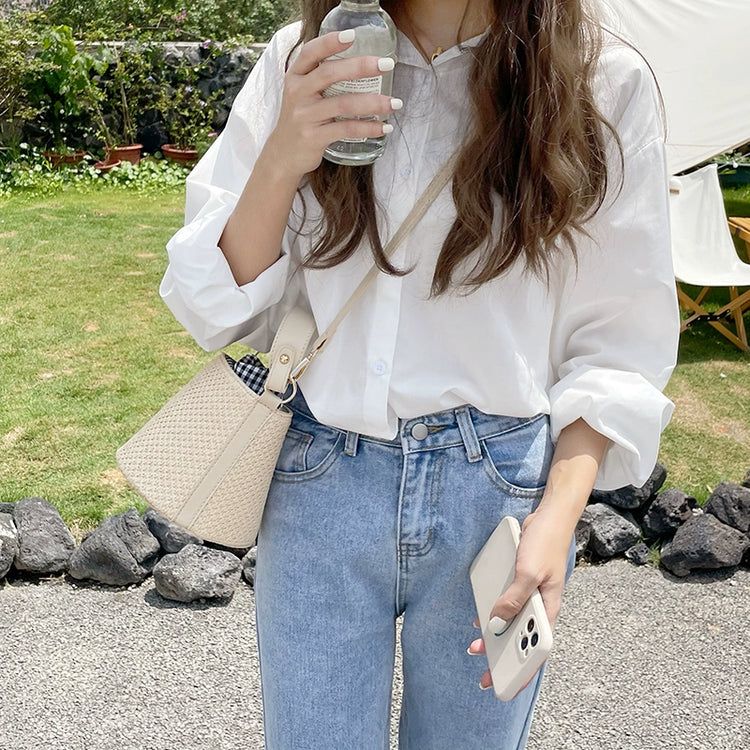 日韓流行|蝴蝶結格子水桶草編包女2024新款時尚百搭單肩斜挎洋氣編織手提包「8662#」24.03-4