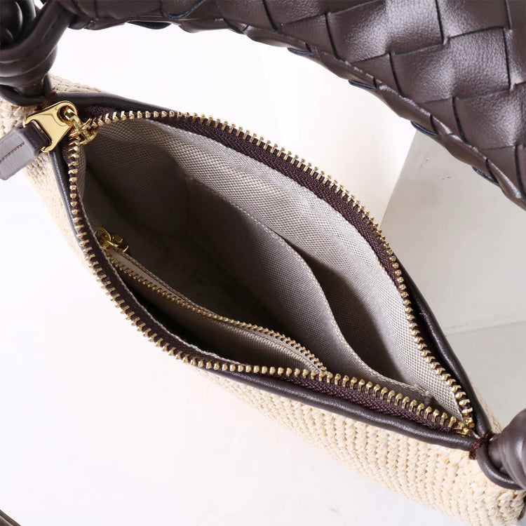 質感真皮|2025新款拉菲草編拼牛皮雙子包拼色月亮包度假單肩腋下包時尚編織包「9781-1」25.07-1