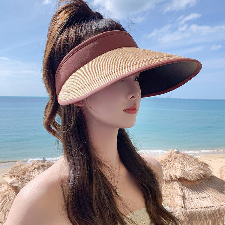 流行帽子|夏季新款戶外遮陽可折疊黑膠塗層女士草帽沙灘防曬防紫外線空頂帽「C3720」24.03-2