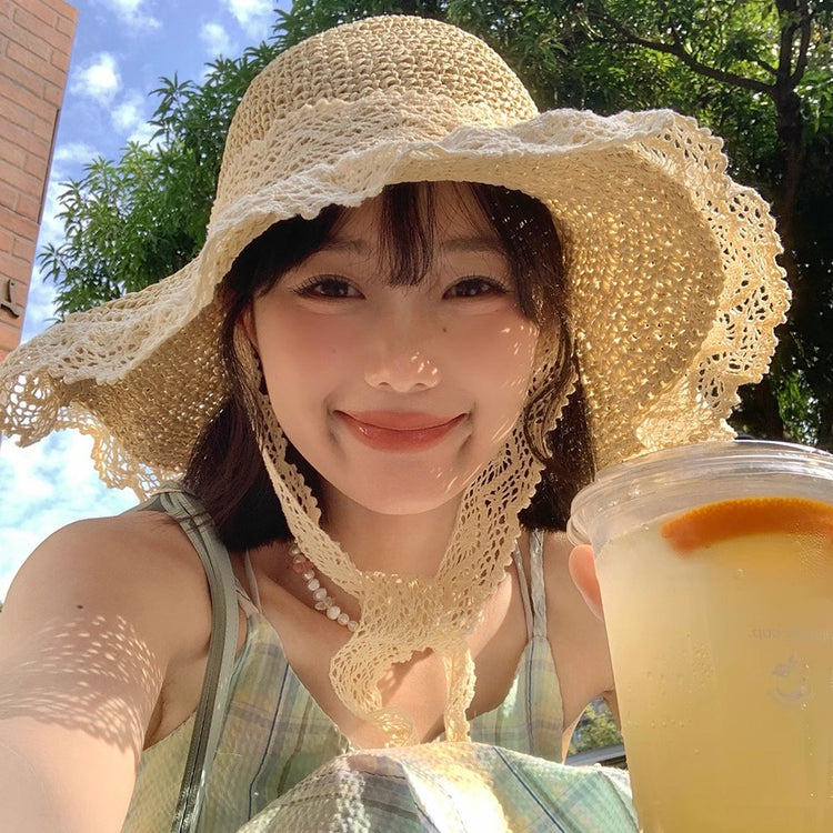 流行帽子|高品質法式草帽女夏季新款蕾絲花邊太陽帽鏤空防曬帽海邊遮陽帽子「C5113」25.03-4