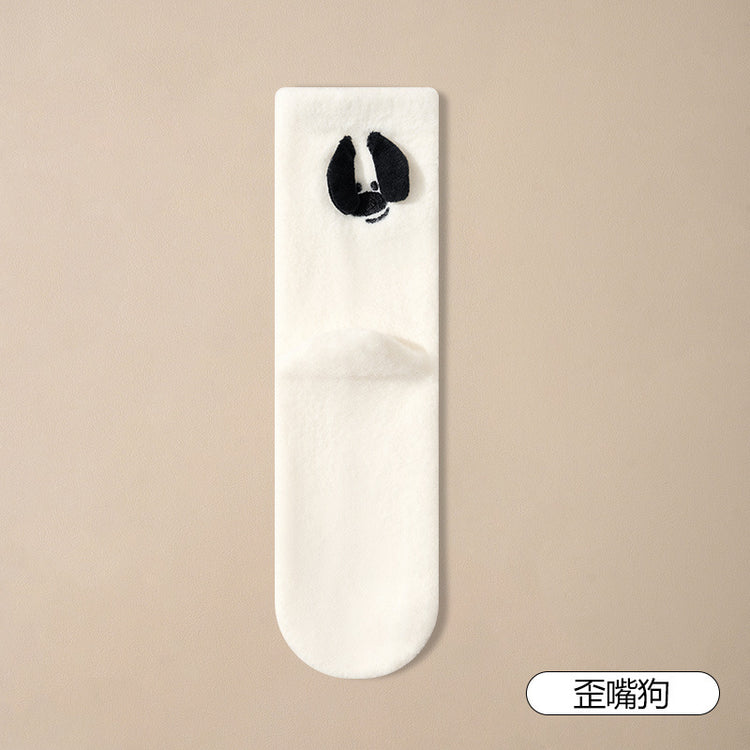 女襪|加絨加厚襪子女後跟立體小狗蓄熱保暖澳絨襪親膚舒適彈力中筒襪「HC5137」24.12-1