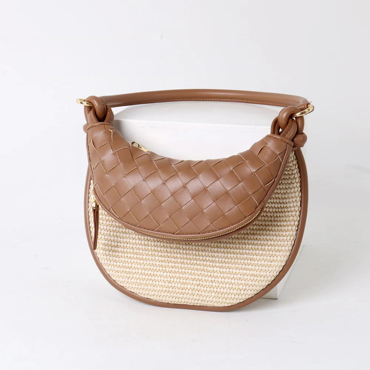 質感真皮|2025新款拉菲草編拼牛皮雙子包拼色月亮包度假單肩腋下包時尚編織包「9781-1」25.07-1