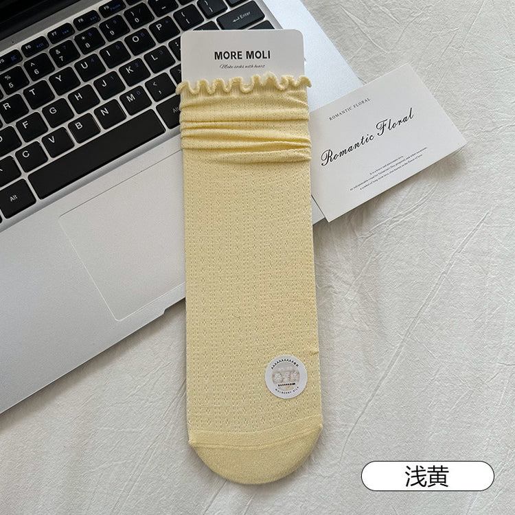 女襪|涼感桑蠶絲襪子女夏季薄款網眼透氣堆堆襪抑菌防臭彈力無骨中筒襪「ZJ25017」25.06-1