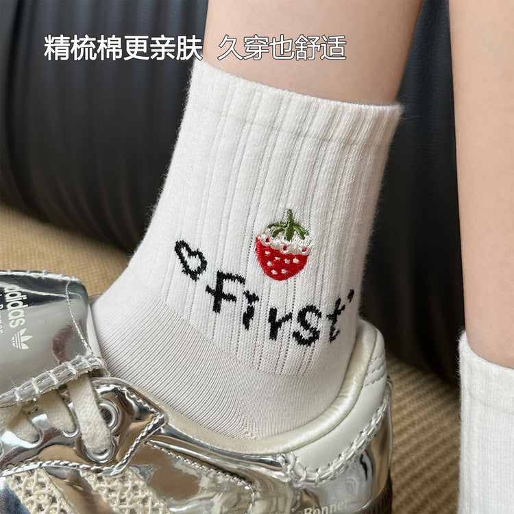 女襪|襪子女士ins潮流刺繡水果短襪棉質吸汗透氣學院風無骨運動襪「XC2325」25.08-2