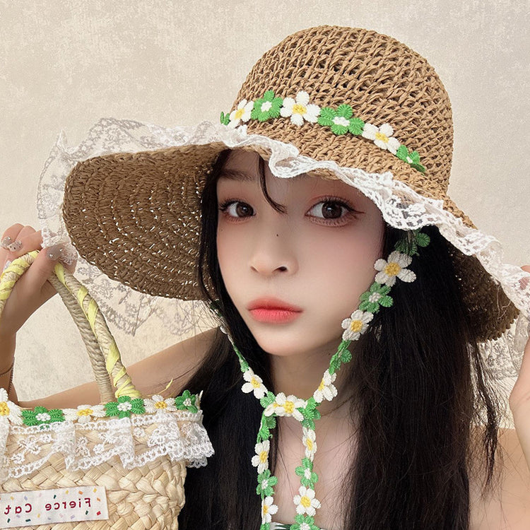 流行帽子|法式鏤空草帽女夏季編織花朵漁夫帽氣質海邊大帽檐可折疊防曬帽子「C5026」25.02-3