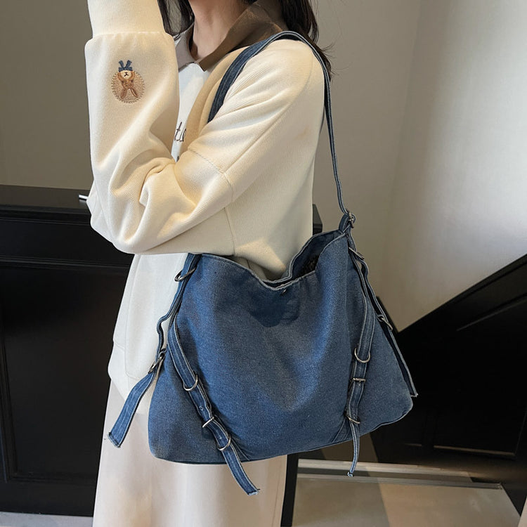 日韓流行|時尚通勤托特包女2024冬季韓版ins設計感女包大容量牛仔布斜背包「8265-131」24.12-5