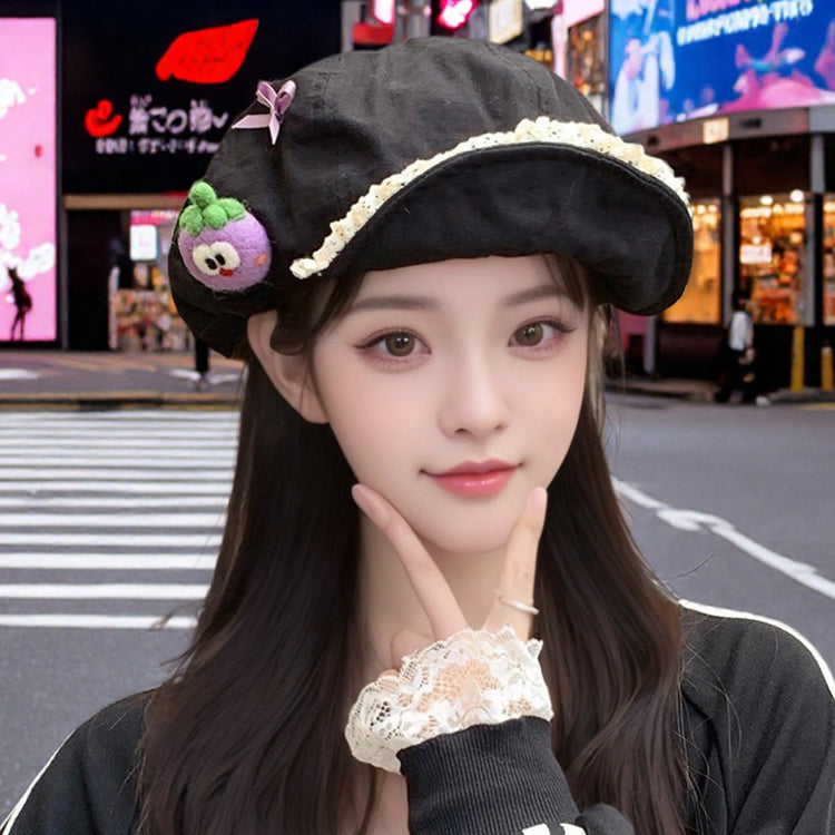 流行帽子|可愛卡通蝴蝶結顯臉小帽子女春夏出遊雲朵帽百搭翻檐蕾絲邊貝雷帽「C5380」25.07-3