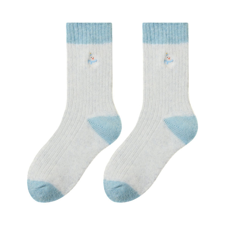 女襪|撞色美利奴羊毛襪子女冬季加厚保暖聖誕襪可愛復古刺繡彈力中筒襪「AM25108」25.12-2