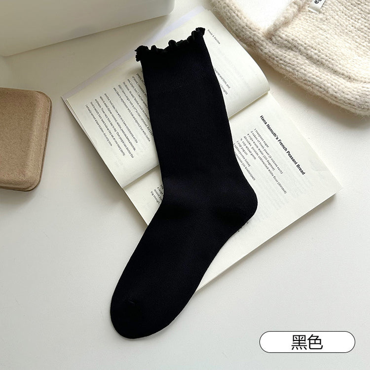 女襪|純色襪子女彈力木耳邊親膚舒適堆堆襪棉質吸汗透氣抑菌防臭中筒襪「DS1153」25.09-3