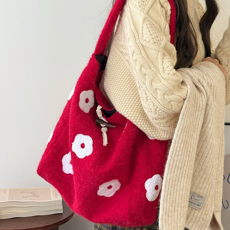 日韓流行|韓版毛絨花朵刺繡通勤水桶包秋冬新款小眾設計森系簡約毛呢托特包「B219」25.12-2