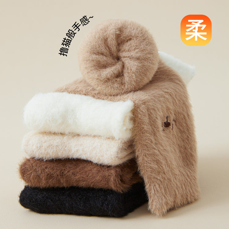 女襪|水貂絨襪子女冬季加絨加厚居家保暖地板襪卡通刺繡親膚舒適堆堆襪「YM1159」25.11-1