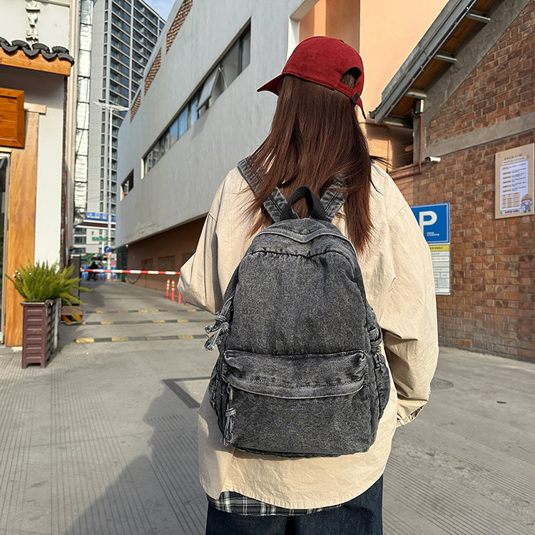 致青春|復古純色牛仔布雙肩包簡約大容量休閒旅行背包百搭國高中學生書包「1869-132」25.02-2