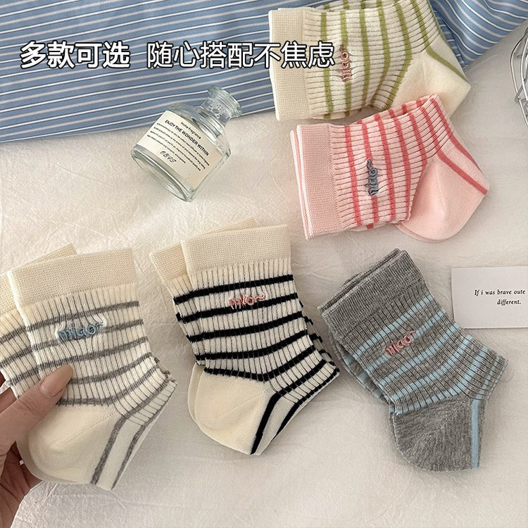 女襪|條紋襪子女棉質親膚舒適ins潮彈力中筒春夏季薄款吸濕透氣堆堆襪「MK5076」25.02-3