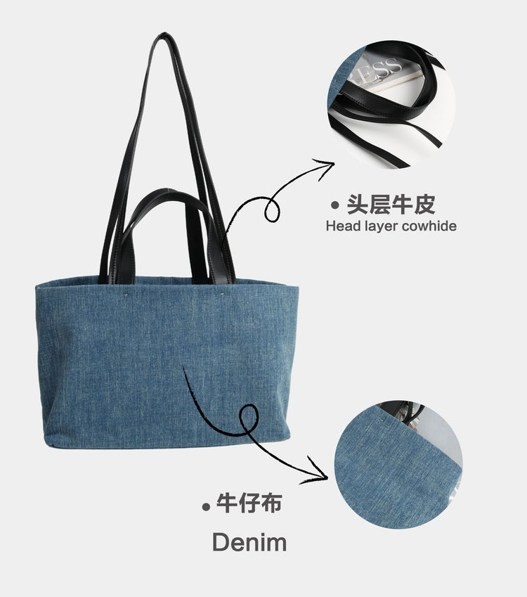 質感真皮|2024新款百搭高級感牛仔頭層牛皮托特包大容量單肩女包慵懶風「3532-1」24.06-4