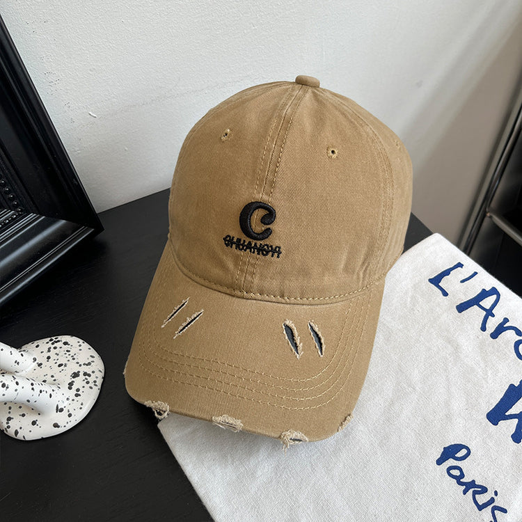 流行帽子|字母破洞棒球帽子女春夏新款復古百搭遮陽帽顯臉小軟頂鴨舌帽子男「C4884」24.12-5