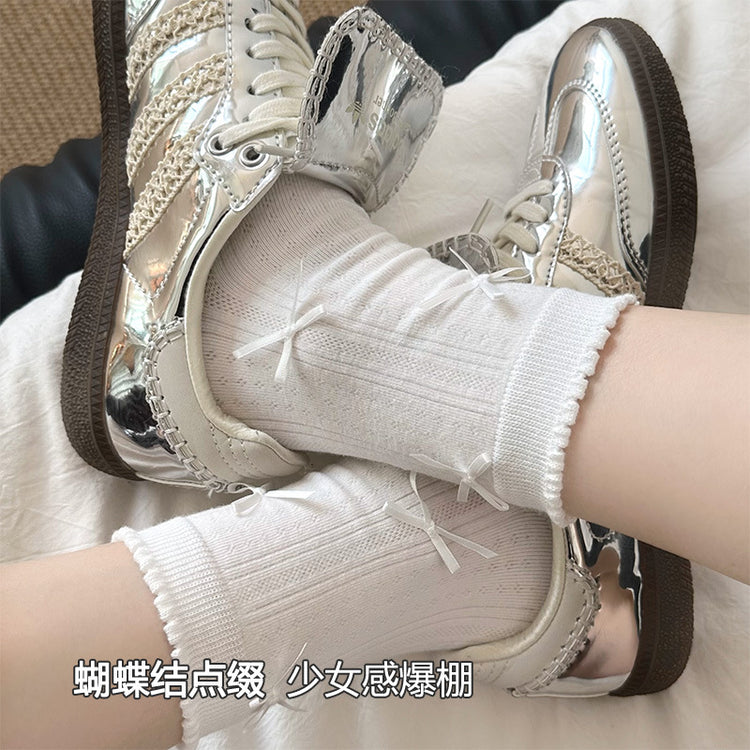 女襪|白色堆堆襪子女春夏薄款miu系蝴蝶結中筒襪吸汗透氣諸暨襪子批發「YM2510」25.03-4