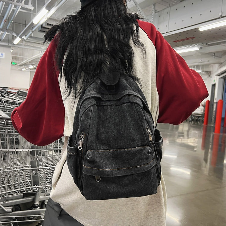 致青春|日系水洗牛仔帆布書包女高中大學生雙肩包時尚簡約旅行背包「090-320」24.04-2