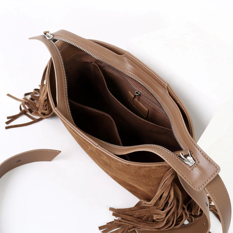 質感真皮|2025全新流蘇磨砂真皮斜背包度假風大容量百搭休閒托特包輕奢「7053」25.09-2