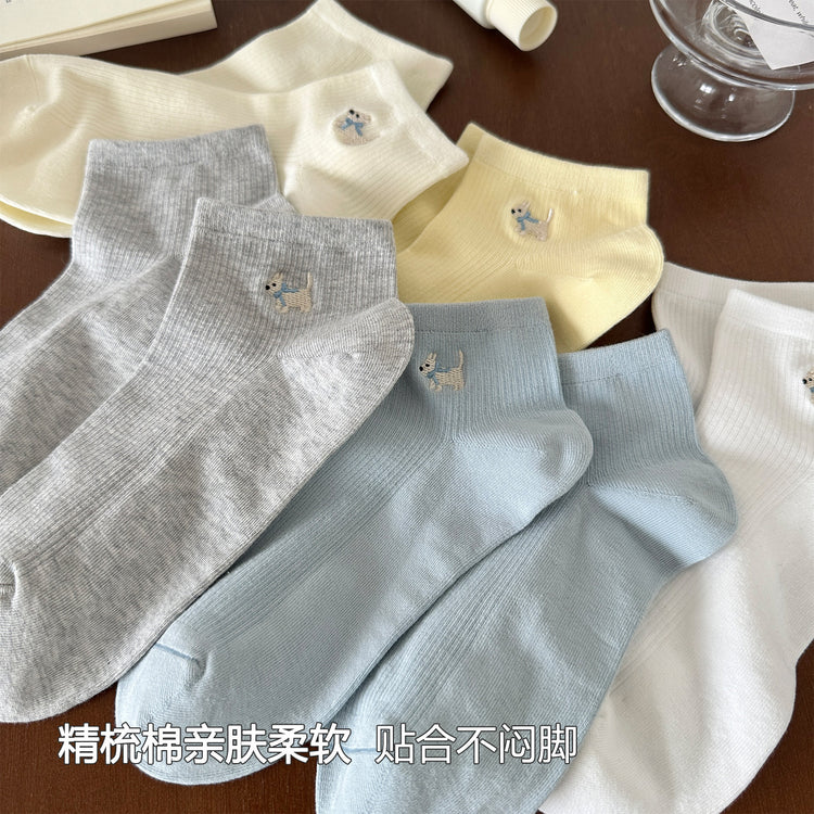 女襪|白色襪子女夏季薄款卡通刺繡小狗彈力短襪棉質吸汗透氣舒適運動襪「FKF2508」25.06-3