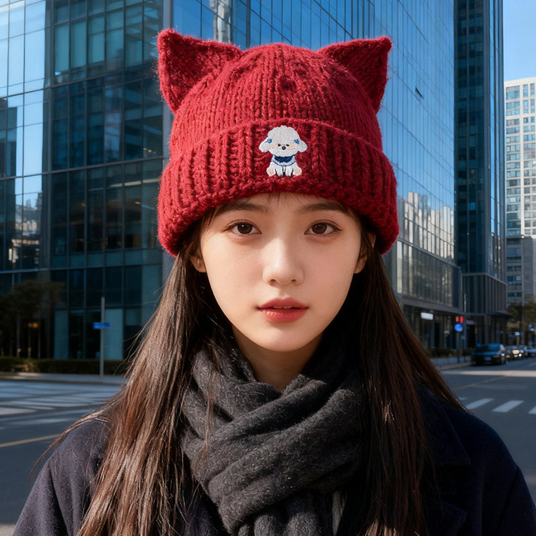 流行帽子|可愛貓耳朵毛線帽子女秋冬護耳保暖針織帽百搭小狗刺繡套頭冷帽潮「C5703」25.10-2