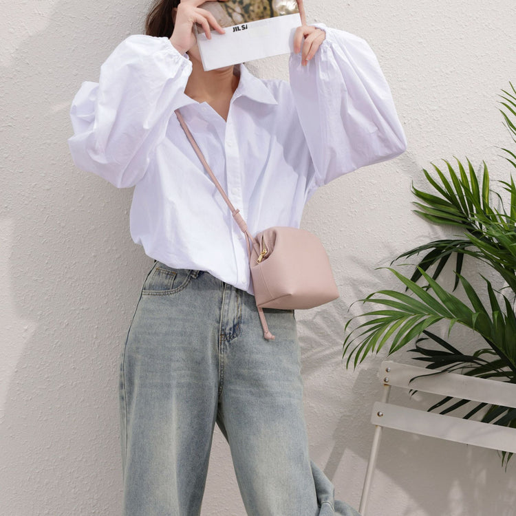 質感真皮|2024年新韓版小眾設計頭層牛皮真皮女包單肩斜背通勤貝殼包包女「6903」24.03-3