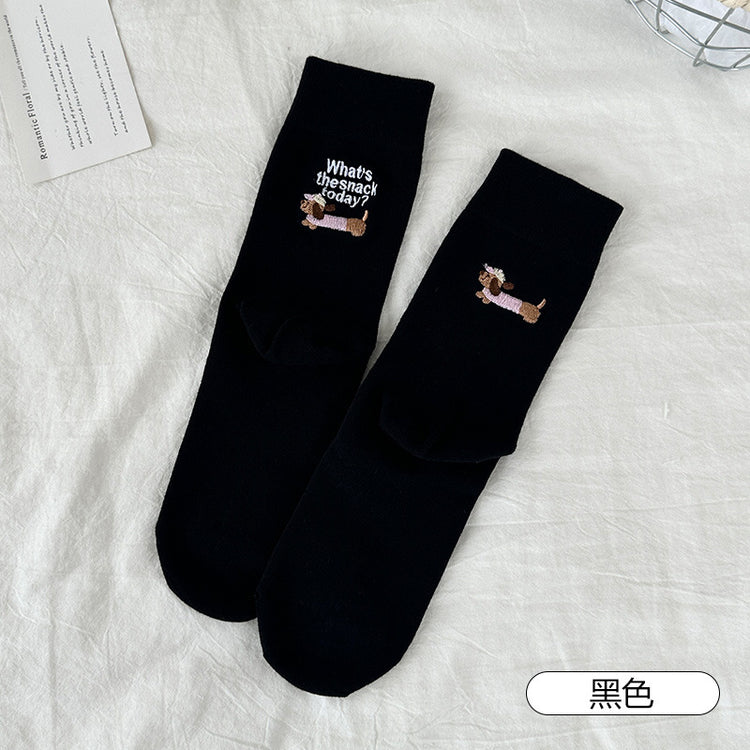 女襪|灰色堆堆襪子女加寬羅口親膚舒適中筒襪後跟卡通刺繡ins潮運動襪「YY25013」25.06-4