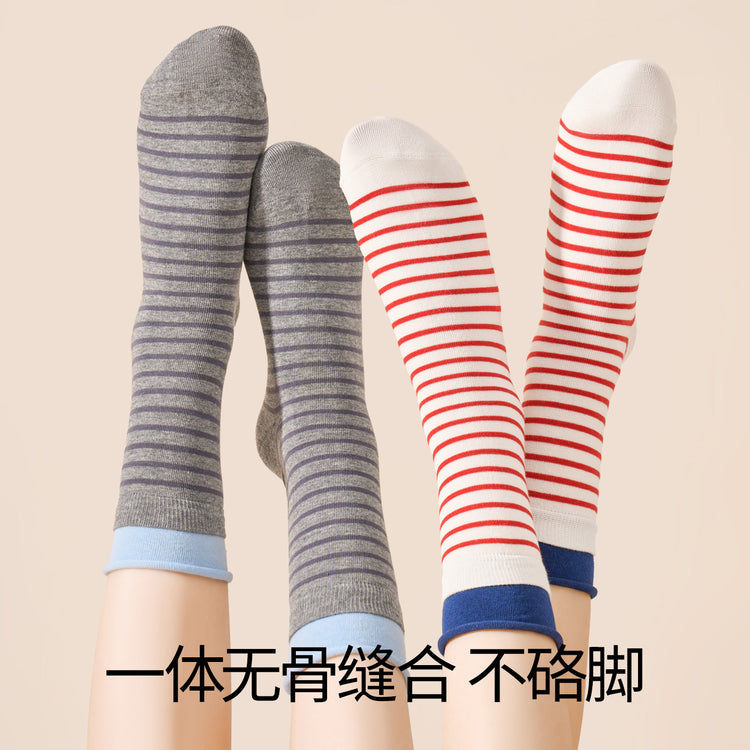女襪|撞色雙羅口襪子女舒適卷邊條紋中筒襪棉質吸汗透氣彈力無骨堆堆襪「MK5120」25.07-5