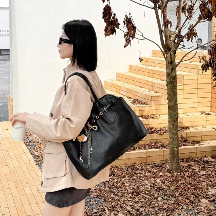 質感真皮|2024新款大容量腋下托特包ins網紅同款小眾復古百搭手提包高級感皮帶扣裝飾大包「8159」24.08-3