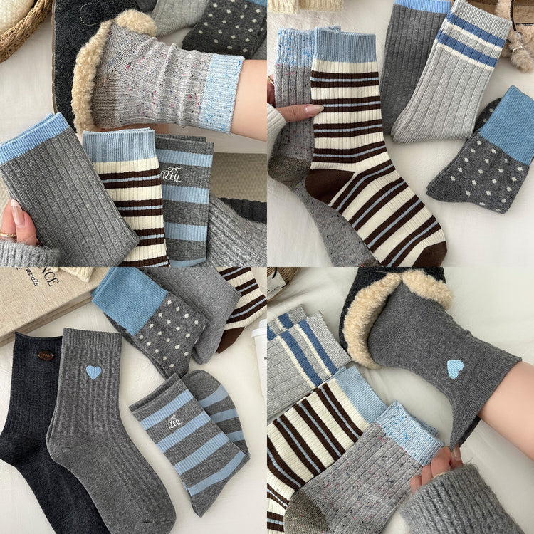 女襪|灰色羊毛襪子女冬季加絨加厚保暖愛心蝴蝶結堆堆襪彈力親膚中筒襪「HD25856」25.11-2