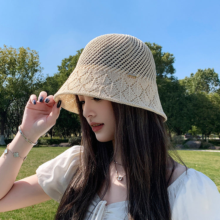 流行帽子|編織帽子女夏鏤空透氣顯臉小遮陽漁夫帽防曬水桶帽出遊韓版遮陽帽「C5143」25.04-1