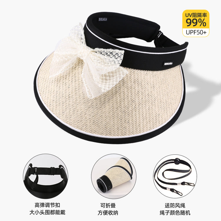 流行帽子|蕾絲蝴蝶結空頂帽女夏季黑膠防紫外線遮陽帽加寬帽檐沙灘太陽帽子「C3802」24.04-3