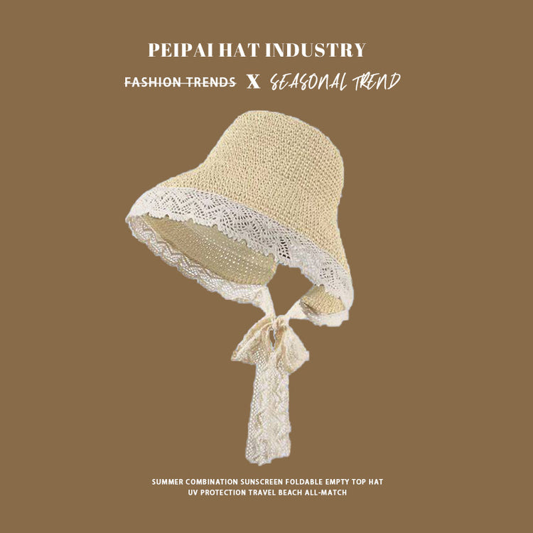 流行帽子|夏季蕾絲草帽女海邊度假放紫外線沙灘遮陽帽大沿顯臉小遮臉防曬帽「C5076」25.03-2