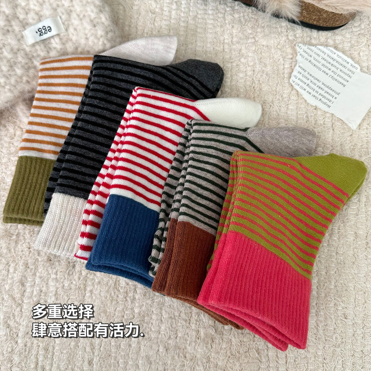女襪|撞色復古條紋襪子女棉質吸汗透氣彈力中筒襪親膚舒適好搭堆堆襪「B24107」25.10-3