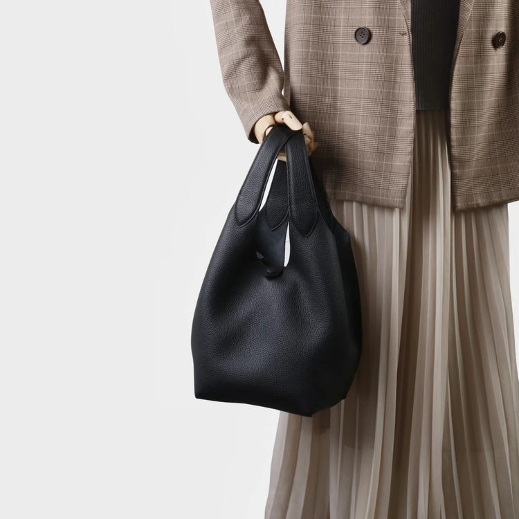 質感真皮|新款頭層牛皮水桶包菜籃手提女真皮高級感托特包荔枝紋包包「9017」25.03-2