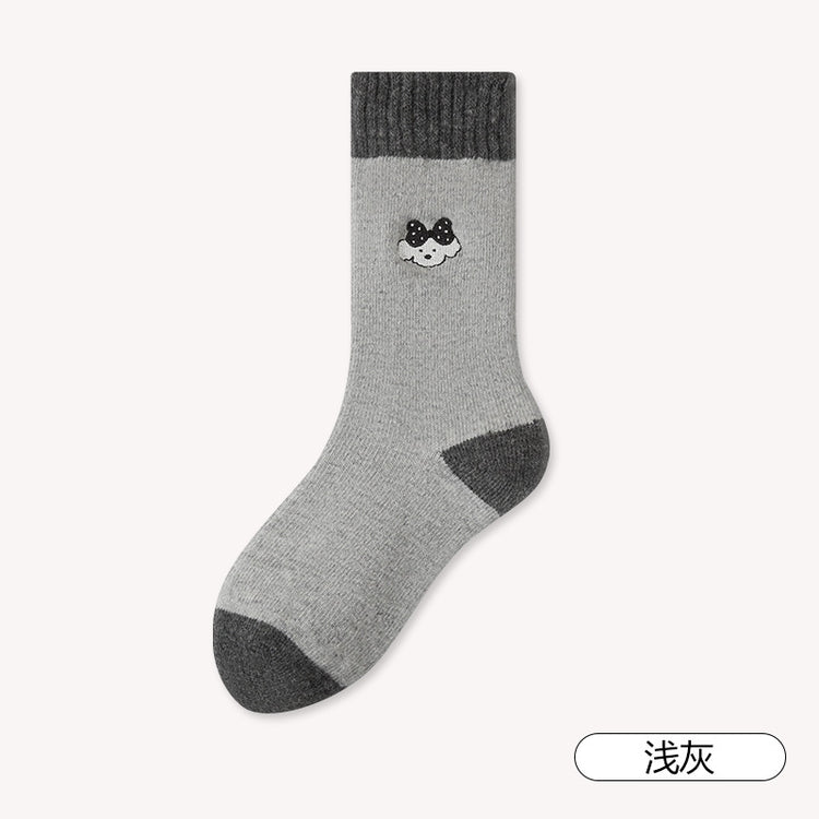 女襪|美利奴羊毛襪子女ins潮拼色卡通刺繡中筒襪秋冬季加厚保暖堆堆襪「GO2570」25.12-2