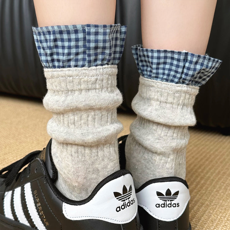 女襪|拼接格子襪子女ins潮親膚舒適好搭堆堆襪棉質吸汗透氣彈力中筒襪「PS135」25.07-5