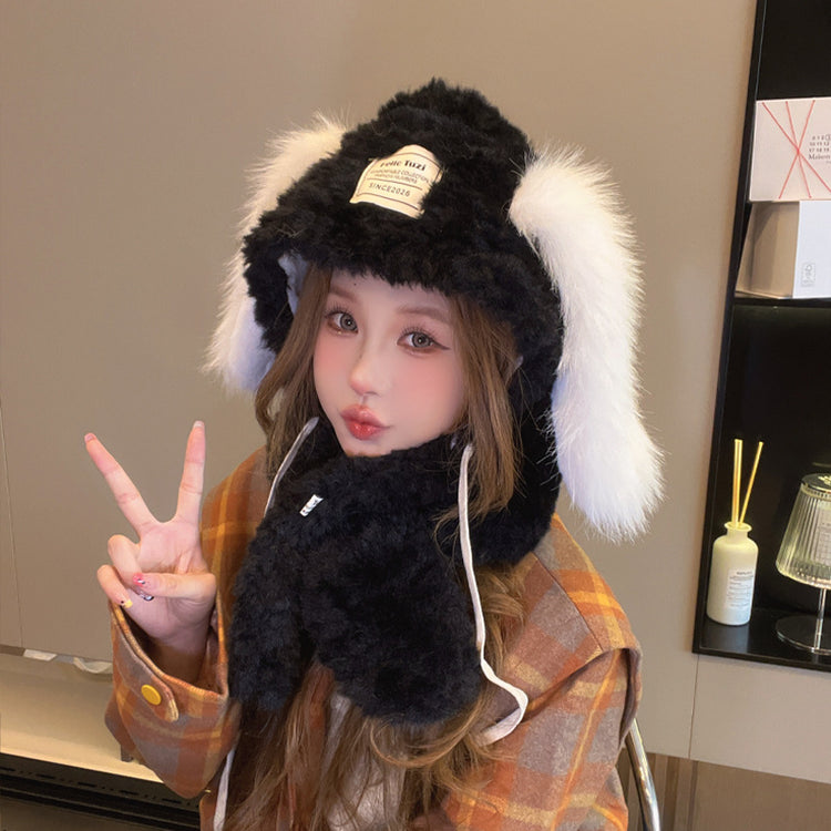 流行帽子|可愛兔耳朵帽子圍巾一體女冬季韓版顯臉小加絨加厚毛絨護耳「C4526」24.12-4