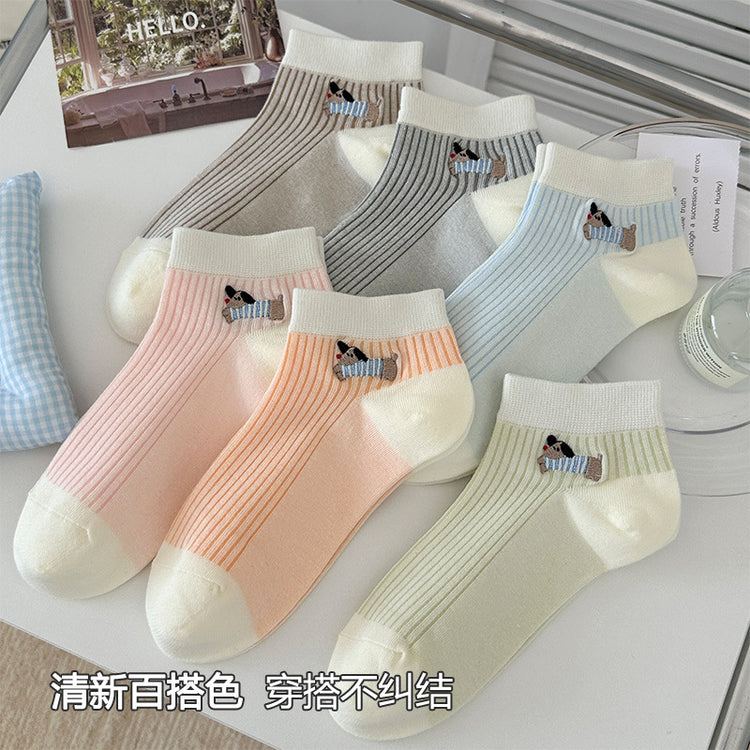女襪|卡通臘腸狗襪子女棉質吸汗透氣親膚舒適中筒襪竪條顯瘦彈力休閒襪「XHS5020」25.05-1