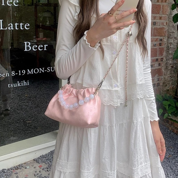 日韓流行|新中式串珠手提包包女2024新款夏季小眾設計鏈條斜挎包褶皺水桶包「9335#」24.04-3