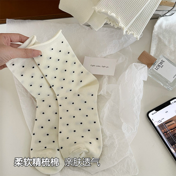 女襪|波點襪子女夏季薄款ins潮彈力卷邊中筒襪棉質親膚吸汗透氣堆堆襪「HD25811」25.04-4