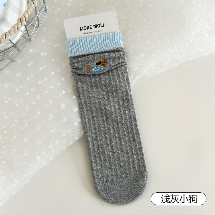 女襪|襪子女士卡通刺繡ins潮流中筒襪吸汗透氣彈力無骨棉質堆堆襪「ZX25506」25.09-5