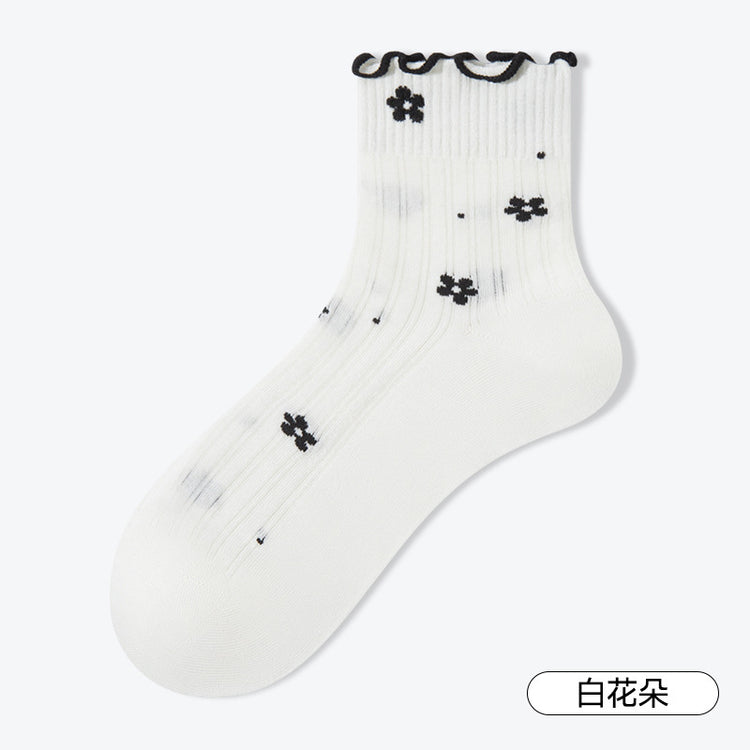 女襪|木耳花邊襪子女春夏季薄款鏤空網眼透氣中筒襪涼感親膚彈力堆堆襪「XC2215」25.02-2
