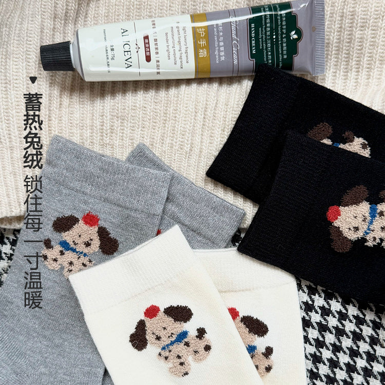 女襪|白色堆堆襪子女卡通小狗刺繡ins彈力中筒襪秋冬加厚保暖襪子「SM24524」24.11-2