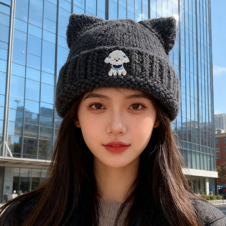 流行帽子|可愛貓耳朵毛線帽子女秋冬護耳保暖針織帽百搭小狗刺繡套頭冷帽潮「C5703」25.10-2