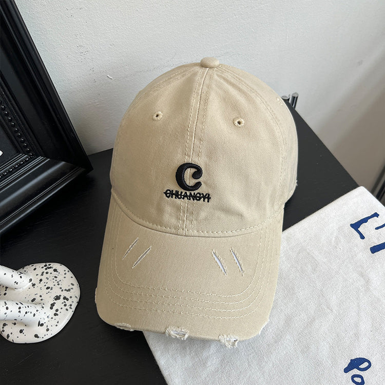 流行帽子|字母破洞棒球帽子女春夏新款復古百搭遮陽帽顯臉小軟頂鴨舌帽子男「C4884」24.12-5