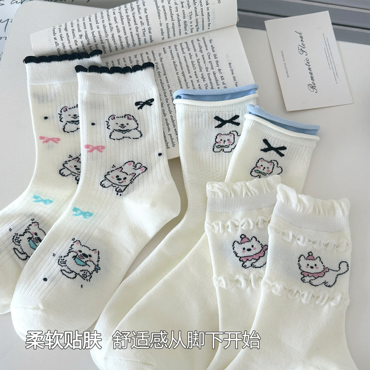 女襪|卡通可愛小狗襪子女夏季通勤簡約ins潮中筒襪棉質吸汗透氣堆堆襪「XH2506」25.06-4