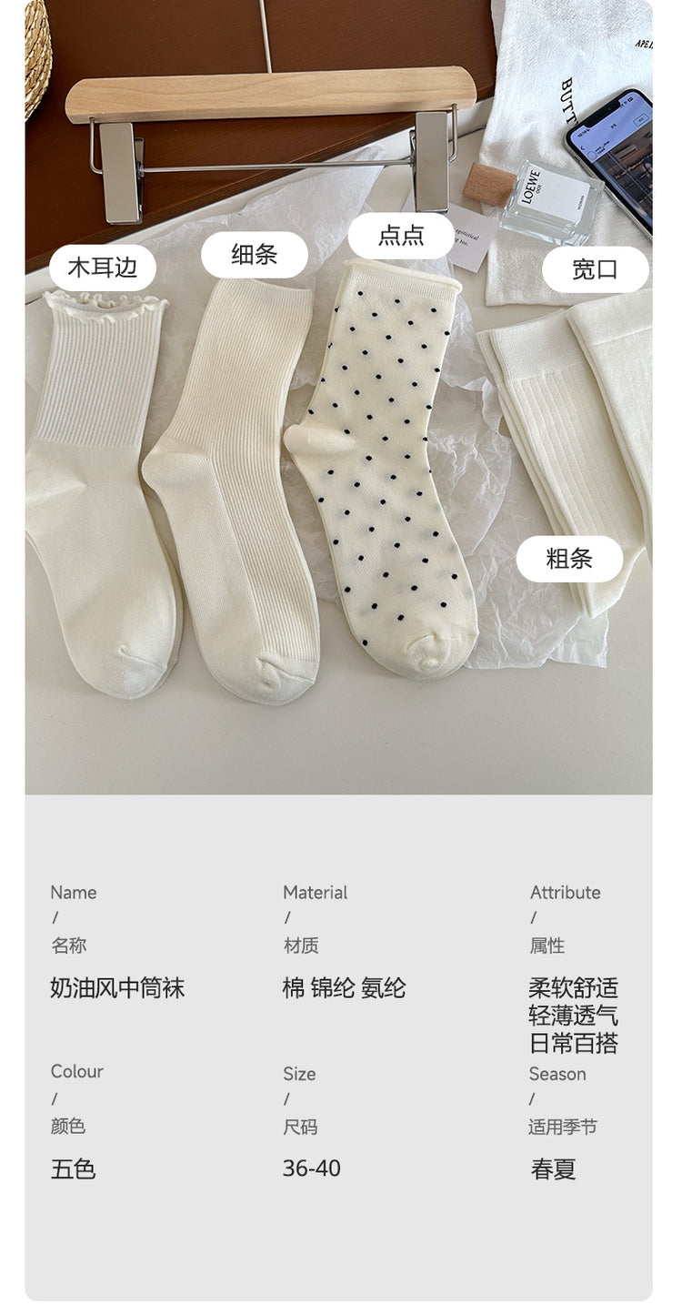 女襪|波點襪子女夏季薄款ins潮彈力卷邊中筒襪棉質親膚吸汗透氣堆堆襪「HD25811」25.04-4