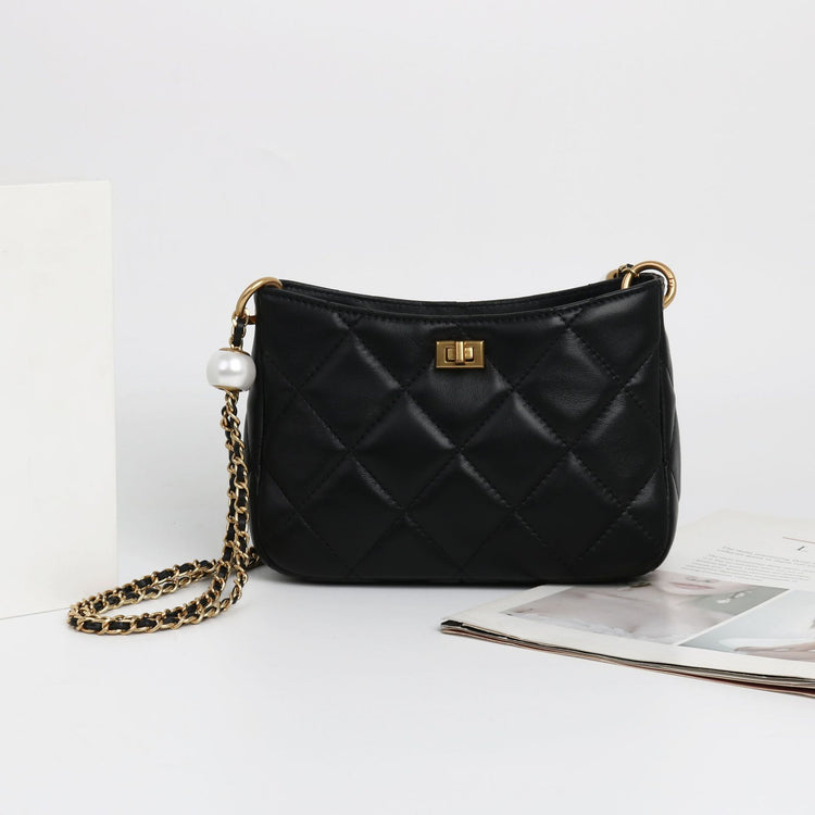 質感真皮|2024新款春夏小眾設計時尚珍珠鏈條包包女潮斜背包級質感肩小方包「8063#」24.05-1