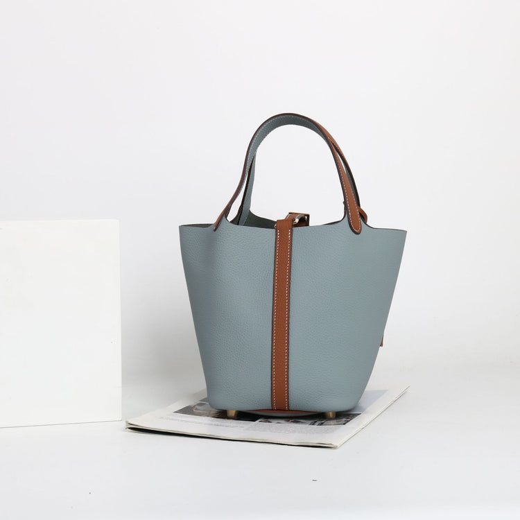 質感真皮|togo頭層牛皮拼接菜籃2024年新款時尚軟牛皮水桶包手提手拎包「226#」24.10-3