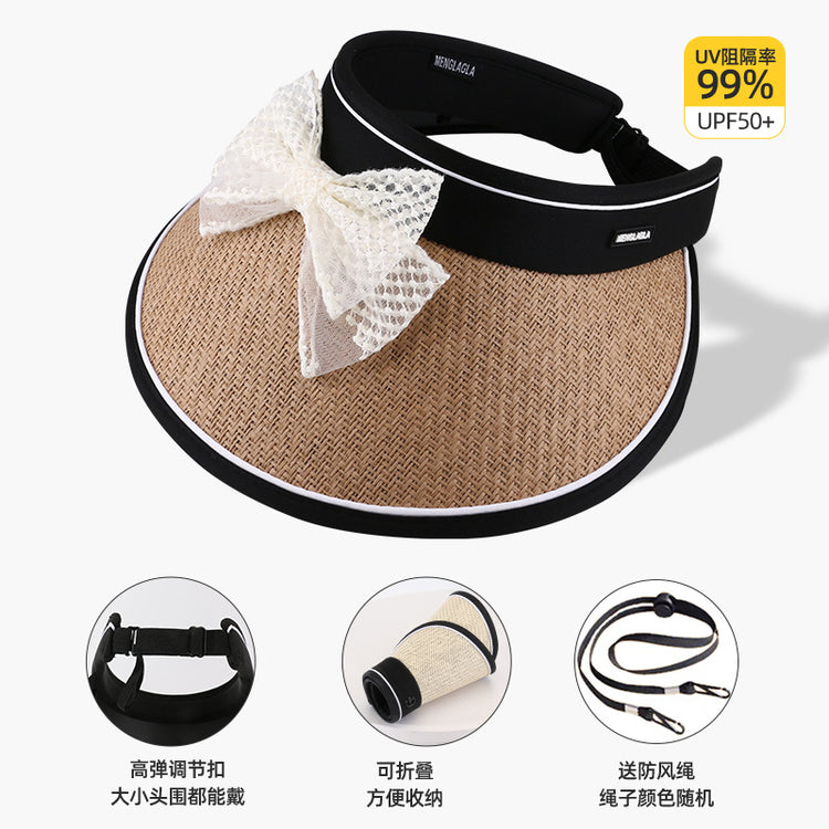 流行帽子|蕾絲蝴蝶結空頂帽女夏季黑膠防紫外線遮陽帽加寬帽檐沙灘太陽帽子「C3802」24.04-3